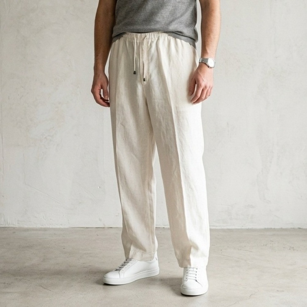 Zegna Sport Pants Mens XXL White 100% Linen Drawstring Relaxed Coastal Old Money